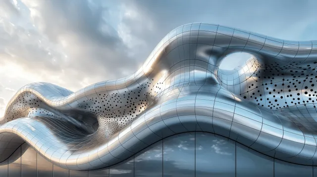 Curved silver-tiled facade building ripples in low-angle view under blue sky