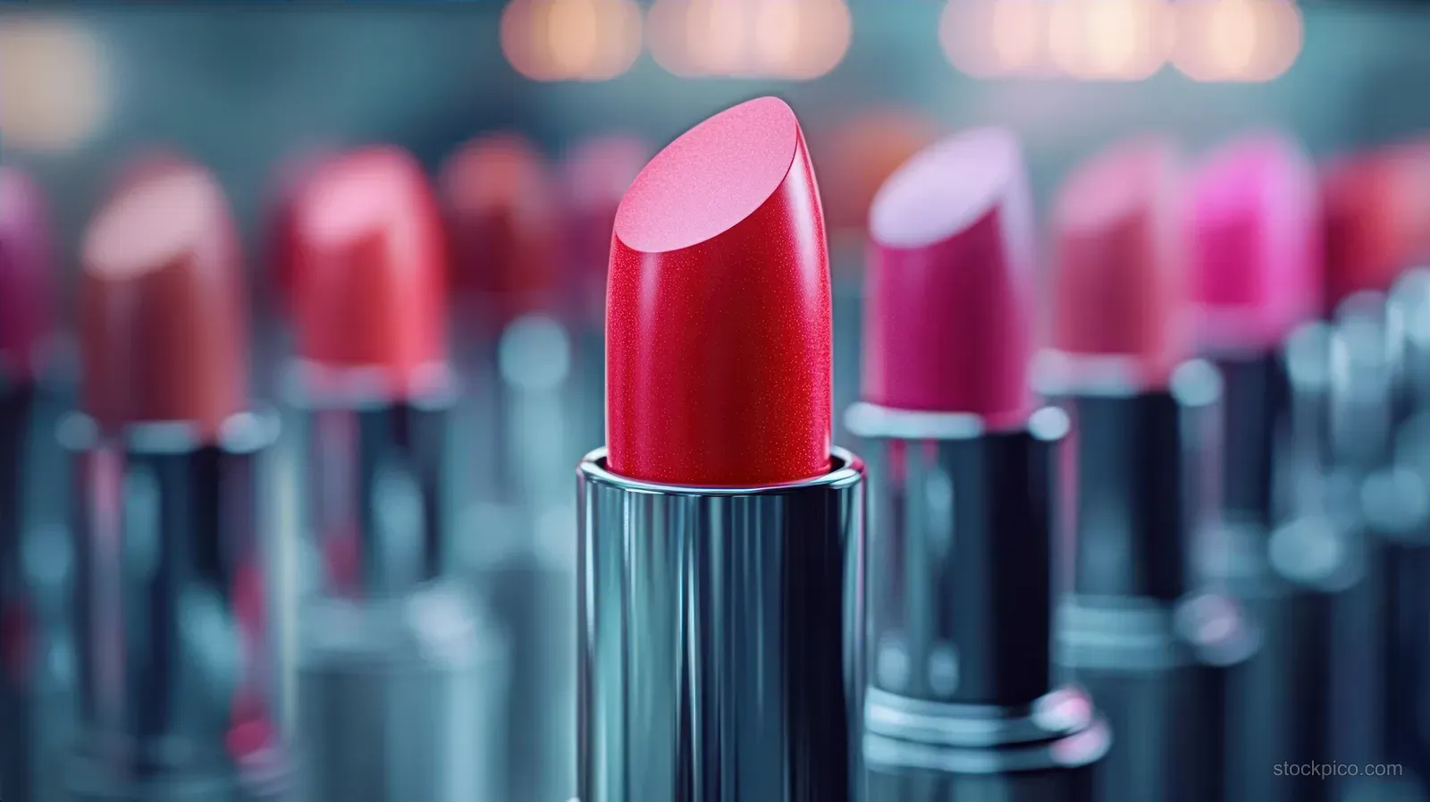 A red lipstick stands in the center among rows of pink and red lipsticks with silver casings.