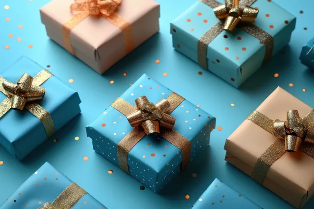 Colorful wrapped gift boxes scattered on light blue background with shiny gold ribbons