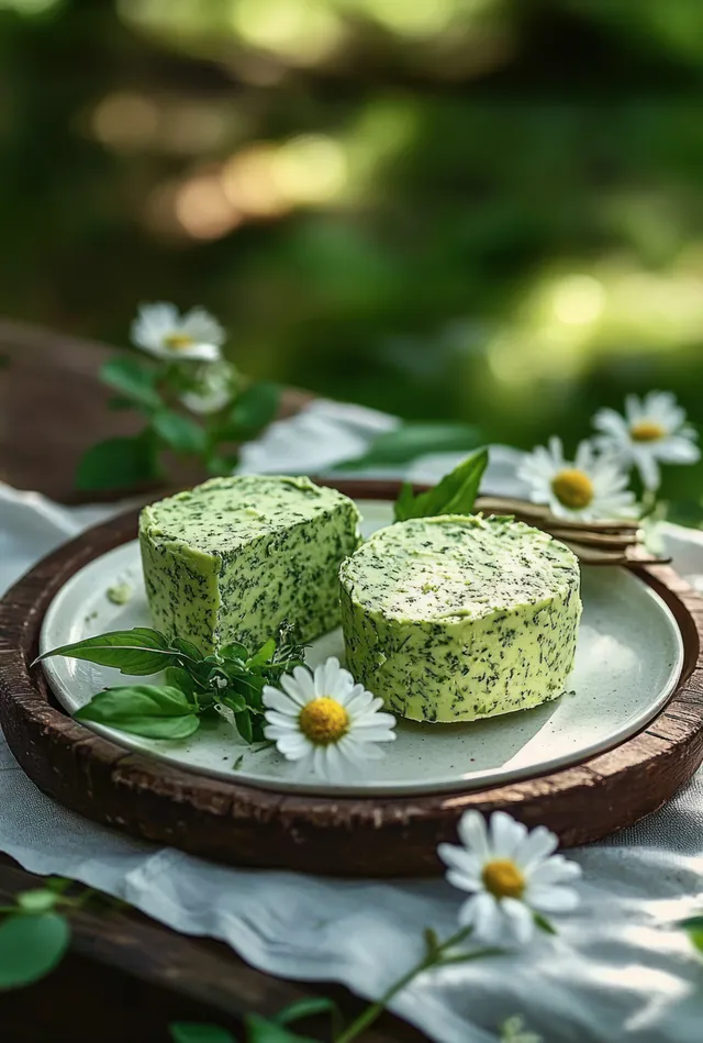 Herb butter cubes on a plate with daisies and fresh leaves in soft natural light