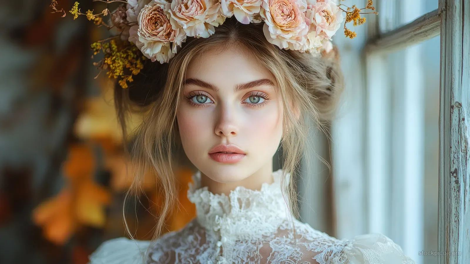A woman in a lace dress with a floral headpiece stands near a window with soft daylight and blurred autumn decor.