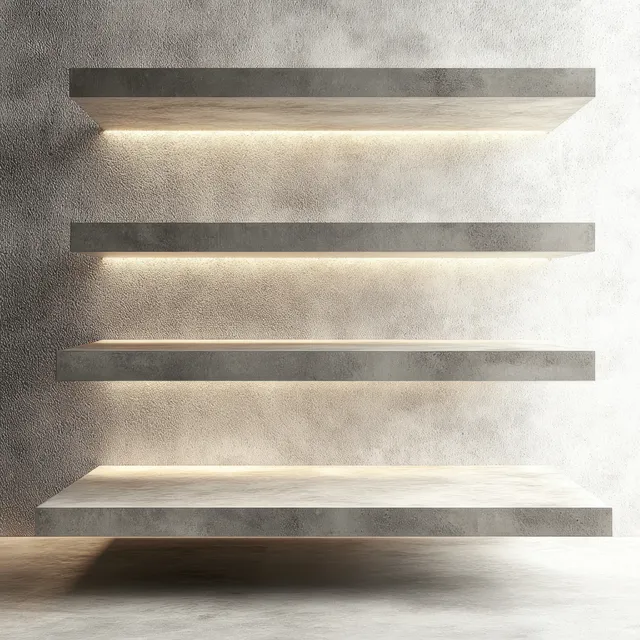 Four floating concrete shelves on a textured gray wall with soft warm underlighting beneath each shelf.