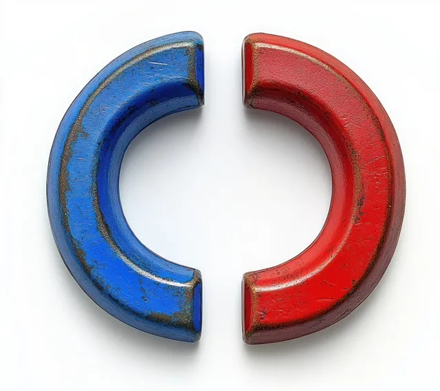 Worn blue and red semicircular magnets facing each other on clean white background