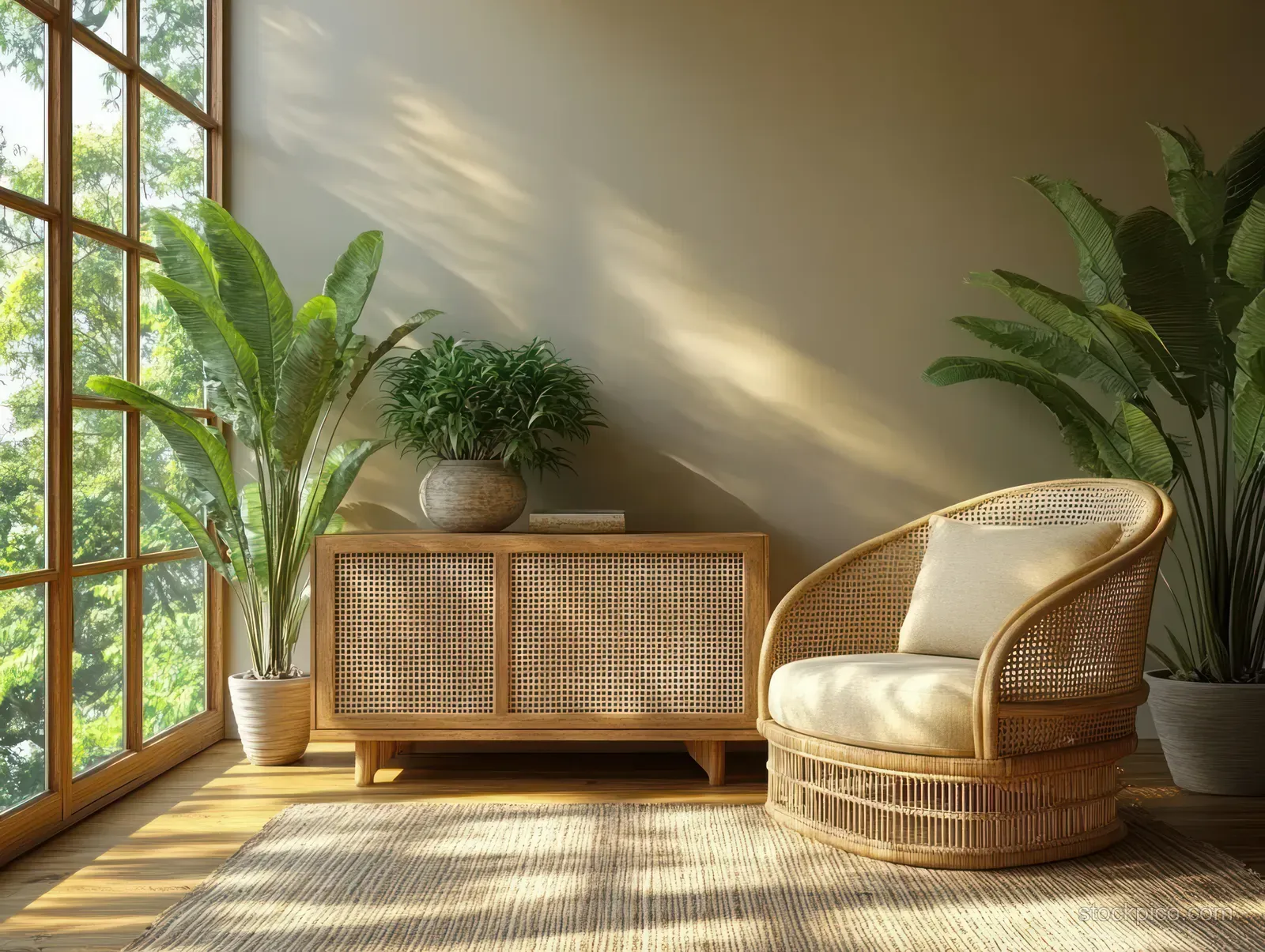 Sunlit lounge corner with rattan chair, minimalist wooden sideboard, and potted plants near a window.