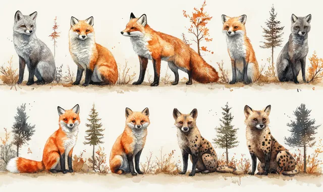 Watercolor wildlife lineup with silver fox, hyena, bear, snow leopard, and hyena