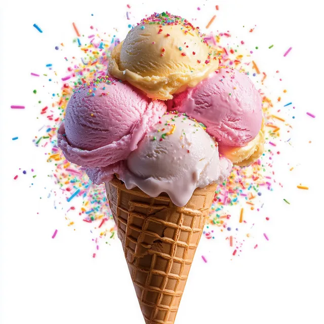 Five scoops of pastel ice cream in a waffle cone with colorful sprinkles exploding behind it.