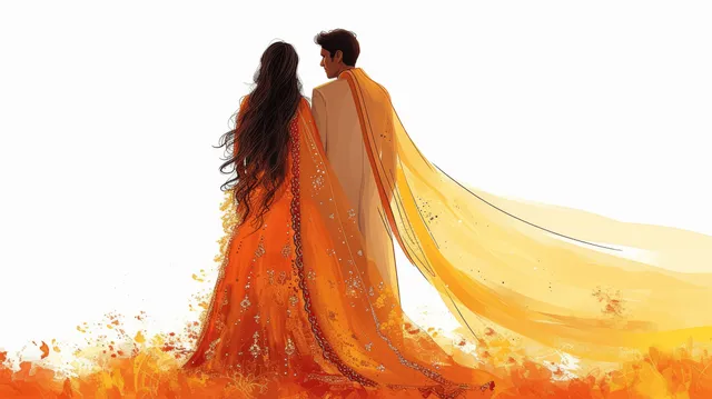 Indian bride and groom in orange and yellow traditional wedding clothing are shown from behind on a white background.