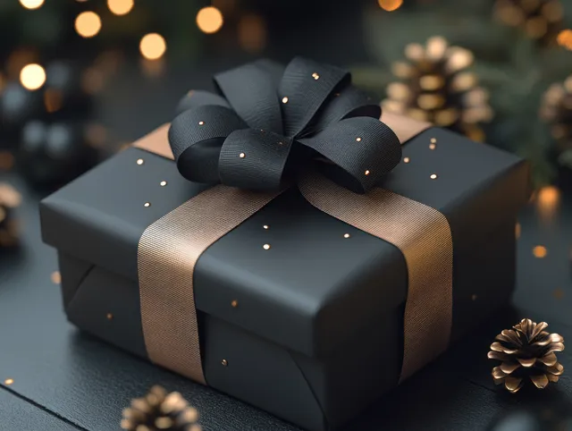 Open black round gift box with a satin ribbon bow, isolated on a white background in a 3D render.