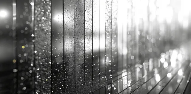 Seamless iridescent silver holographic background with vertical ribbed glass lines and pastel rainbow light glints.
