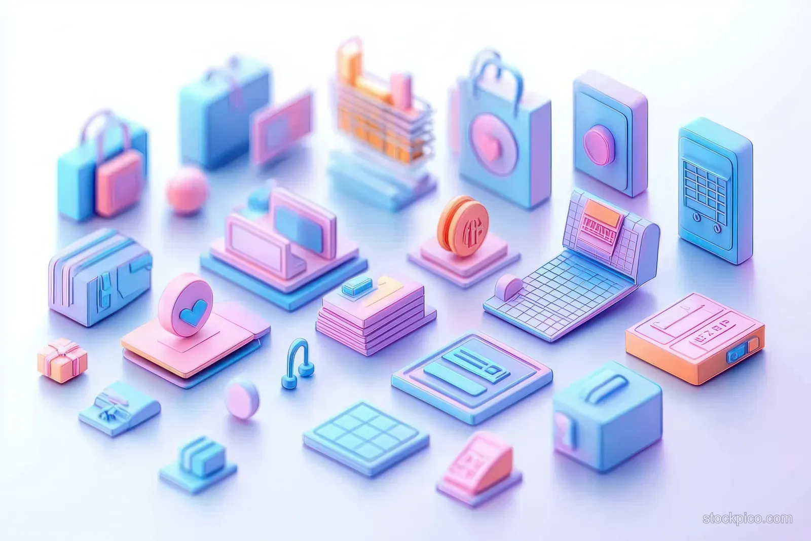 Pastel 3D isometric icons for office technology including a laptop, phone, shopping cart, credit cards, and documents under soft light.