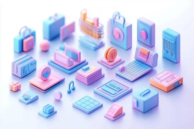 Pastel 3D isometric icons for office technology including a laptop, phone, shopping cart, credit cards, and documents under soft light.