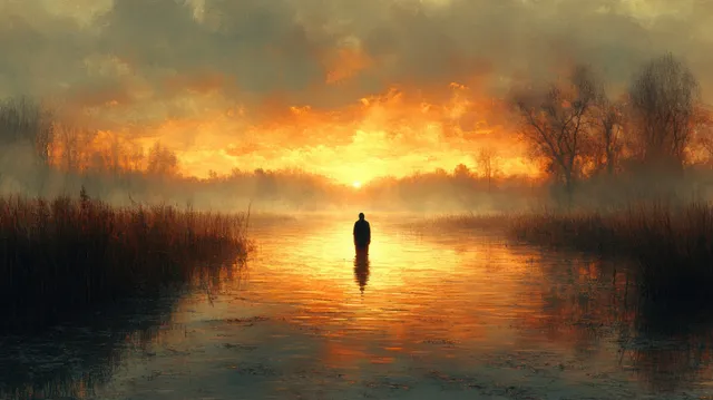 A solitary figure walks along a misty river at sunset, creating glowing reflections on calm water.