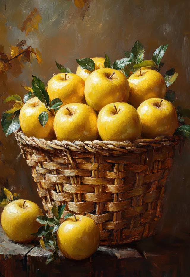 Ripe yellow apples rest in a wicker basket, watercolor still life with leafy branches