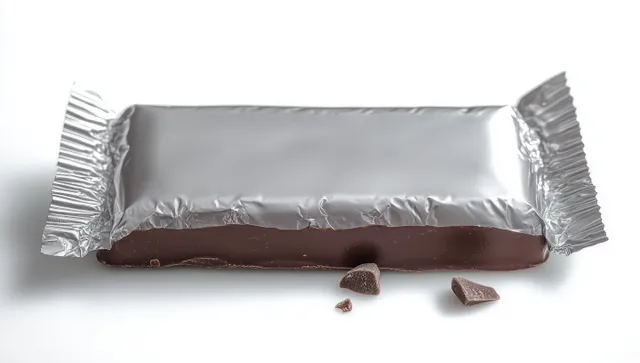 Chocolate bar partially wrapped in reflective silver foil with small chocolate pieces on a white background.
