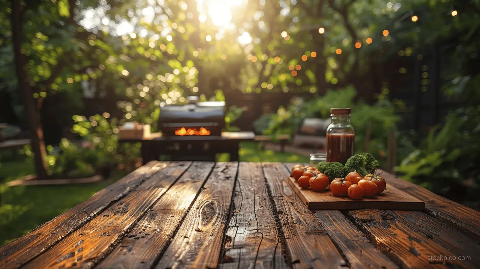 Rustic wooden table with tomatoes in foreground and a blurred BBQ grill in a sunny garden background.