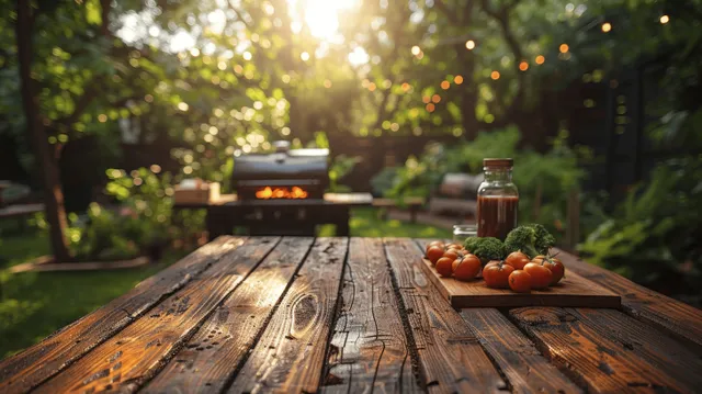 Rustic wooden table with tomatoes in foreground and a blurred BBQ grill in a sunny garden background.