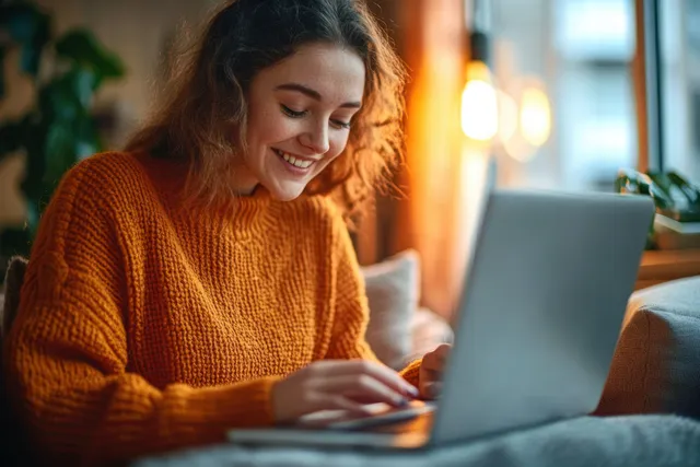 Young woman in orange sweater studying online on laptop at home, smiling and taking notes