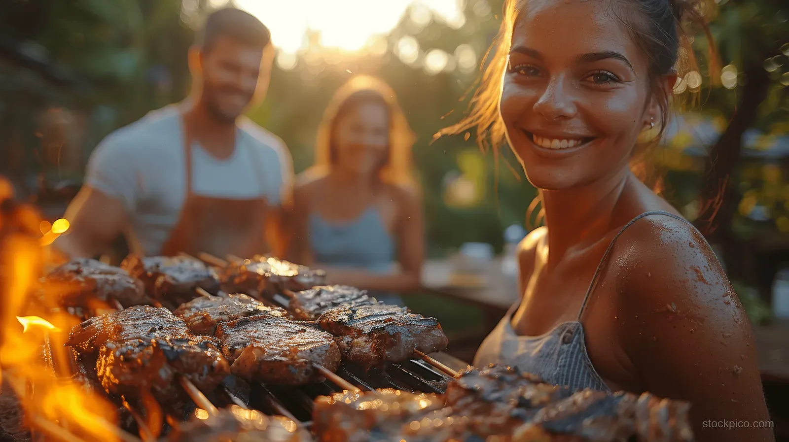 Family members gather around a backyard grill with sizzling meat and visible flames in warm sunset light.