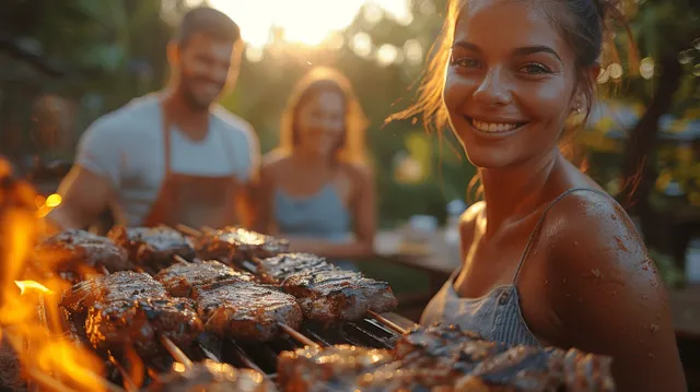 Family members gather around a backyard grill with sizzling meat and visible flames in warm sunset light.