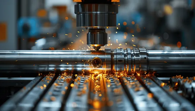 CNC lathe machining metal rod with glowing cutting tool and sensor module