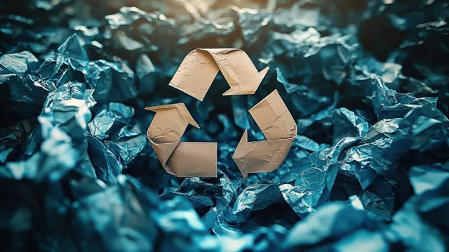 Recycling symbol on paper scraps surrounded by crumpled blue trash for cleanup awareness