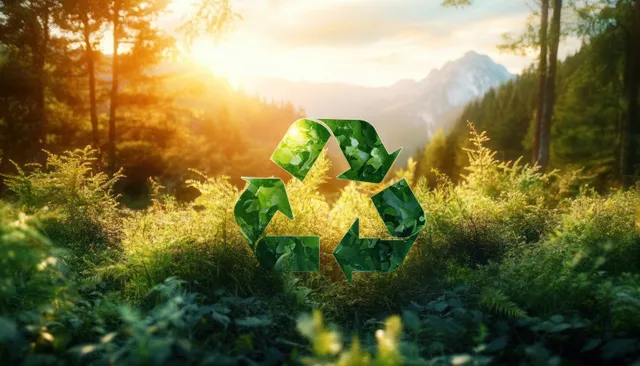 Green recycling symbol made of folded paper leaves in sunlit grass inside a forest clearing.