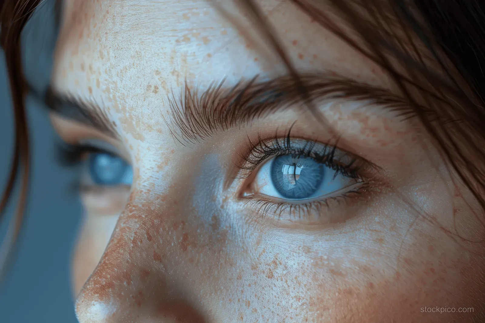 Close-up of a person’s blue eye with freckles and detailed skin texture under soft light.