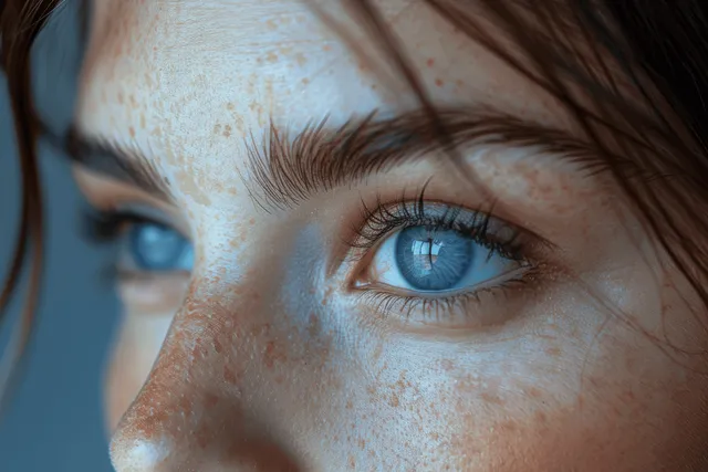 Close-up of a person’s blue eye with freckles and detailed skin texture under soft light.