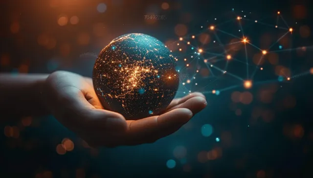 Hands cradle a glowing globe while digital network lines swirl in the dark