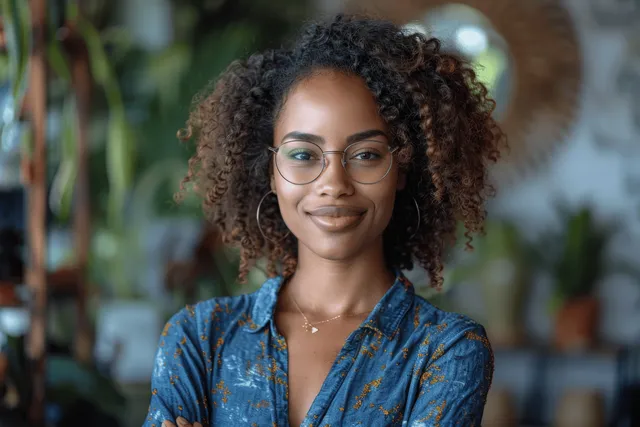 Smiling African American businesswoman with curly hair and glasses standing arms crossed in office with Shallow Depth Of Field