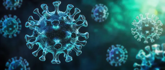 Coronavirus particle floating against dark background with soft blue and green glow