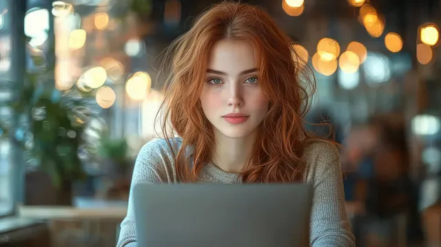 Red-haired woman working on laptop in a cozy cafe, focused gaze at camera