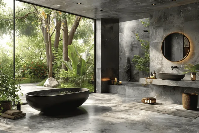 Minimal bathroom interior with marble sink, black bathtub, concrete floor, and a large window showing a green garden.