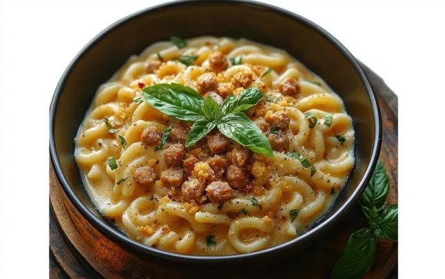 Creamy chickpea pasta in a black bowl topped with fresh basil on a wooden tray.