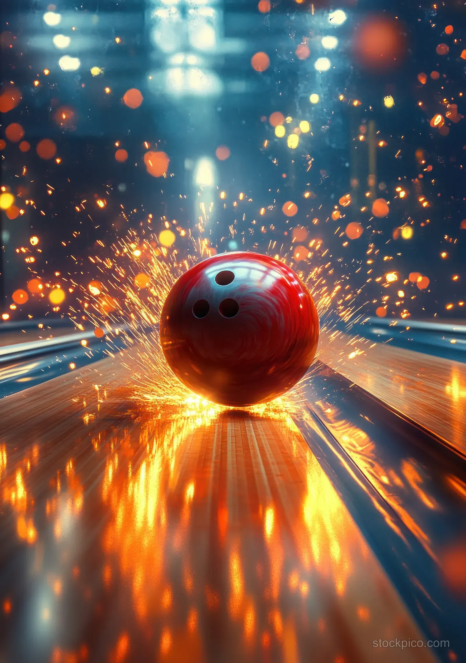 A red bowling ball strikes the glossy wooden lane and sends sparks outward under bright indoor lights.