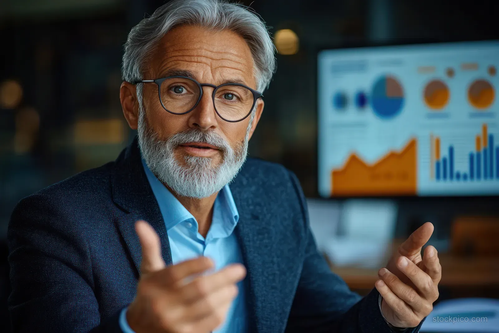 Middle-aged man in a suit gestures toward a presentation screen with charts in a conference office.