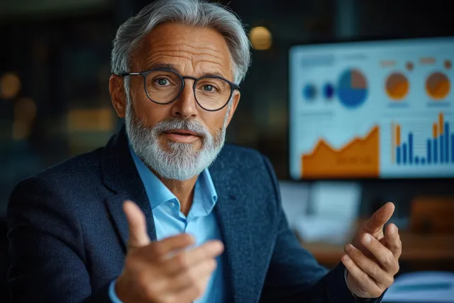 Middle-aged man in glasses gesturing beside presentation charts in a conference office