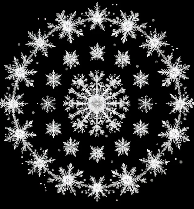 White snowflakes arranged in concentric circular patterns form a symmetrical winter ornament on a black background.