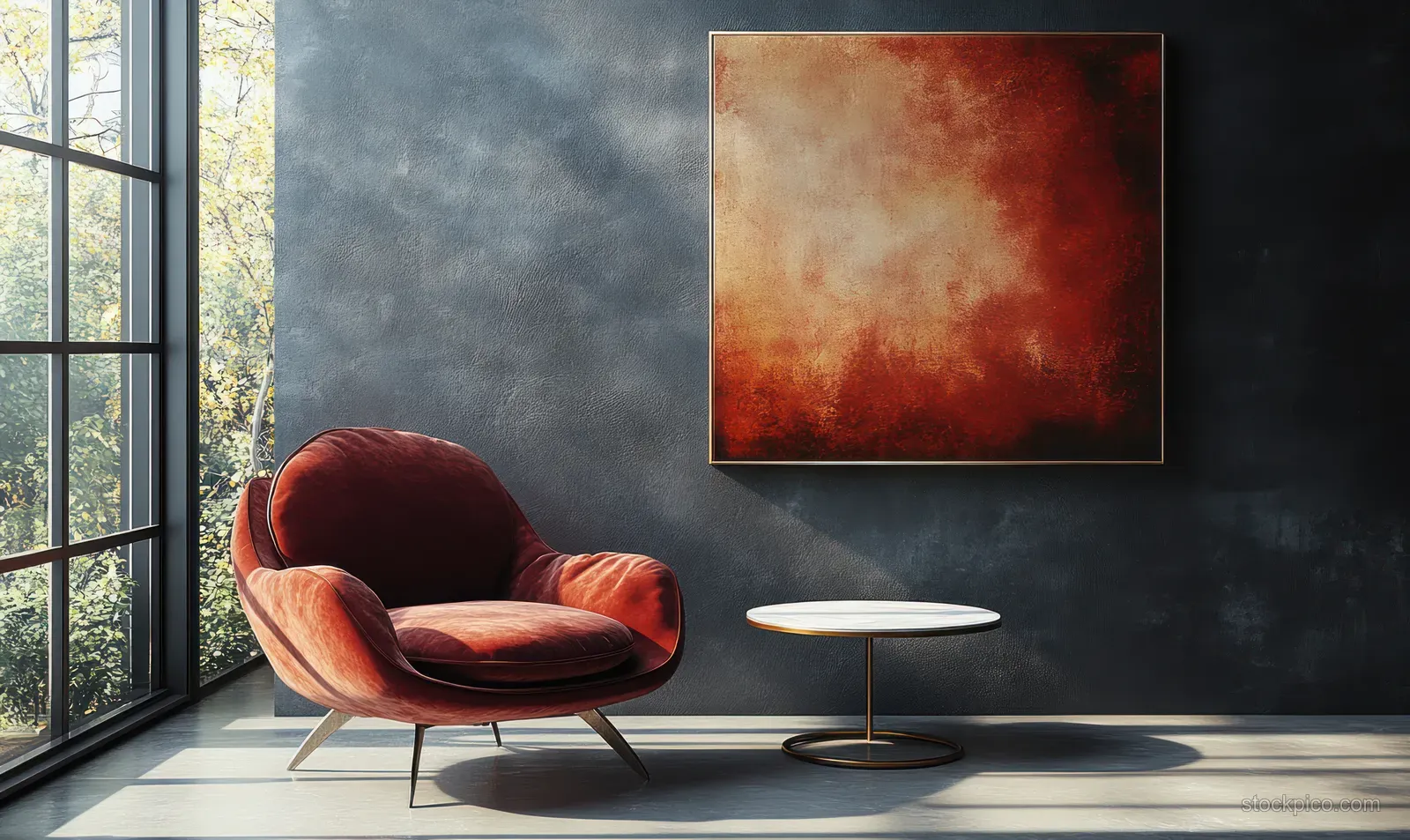 Plush burgundy armchair beside a small round table in a minimalist room with a large framed canvas.