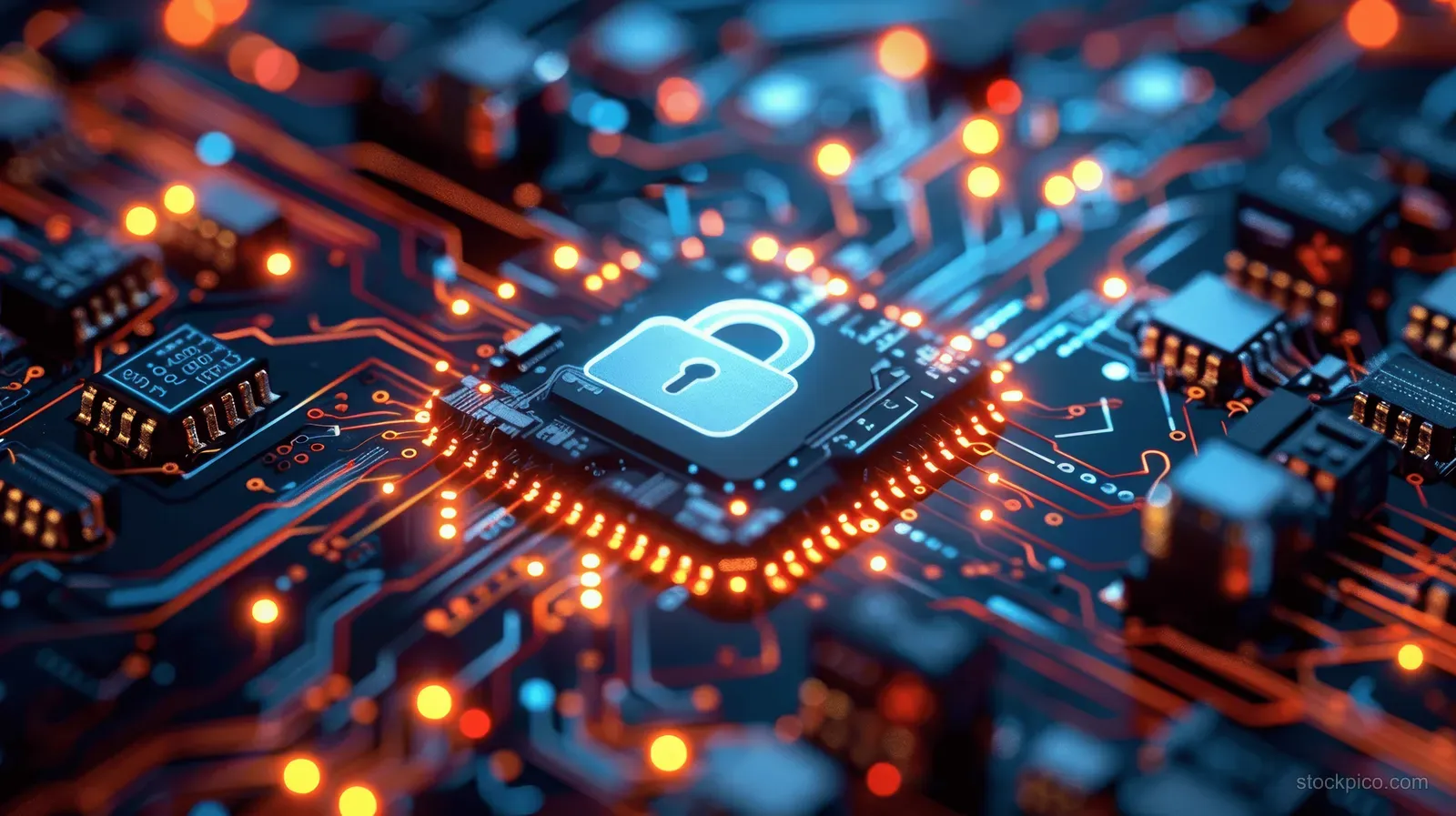A glowing circuit board with a central lock icon and illuminated data connections.