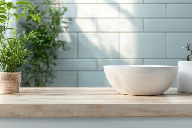 Minimal bathroom vanity with wooden countertop, bowl sink, and soft daylight