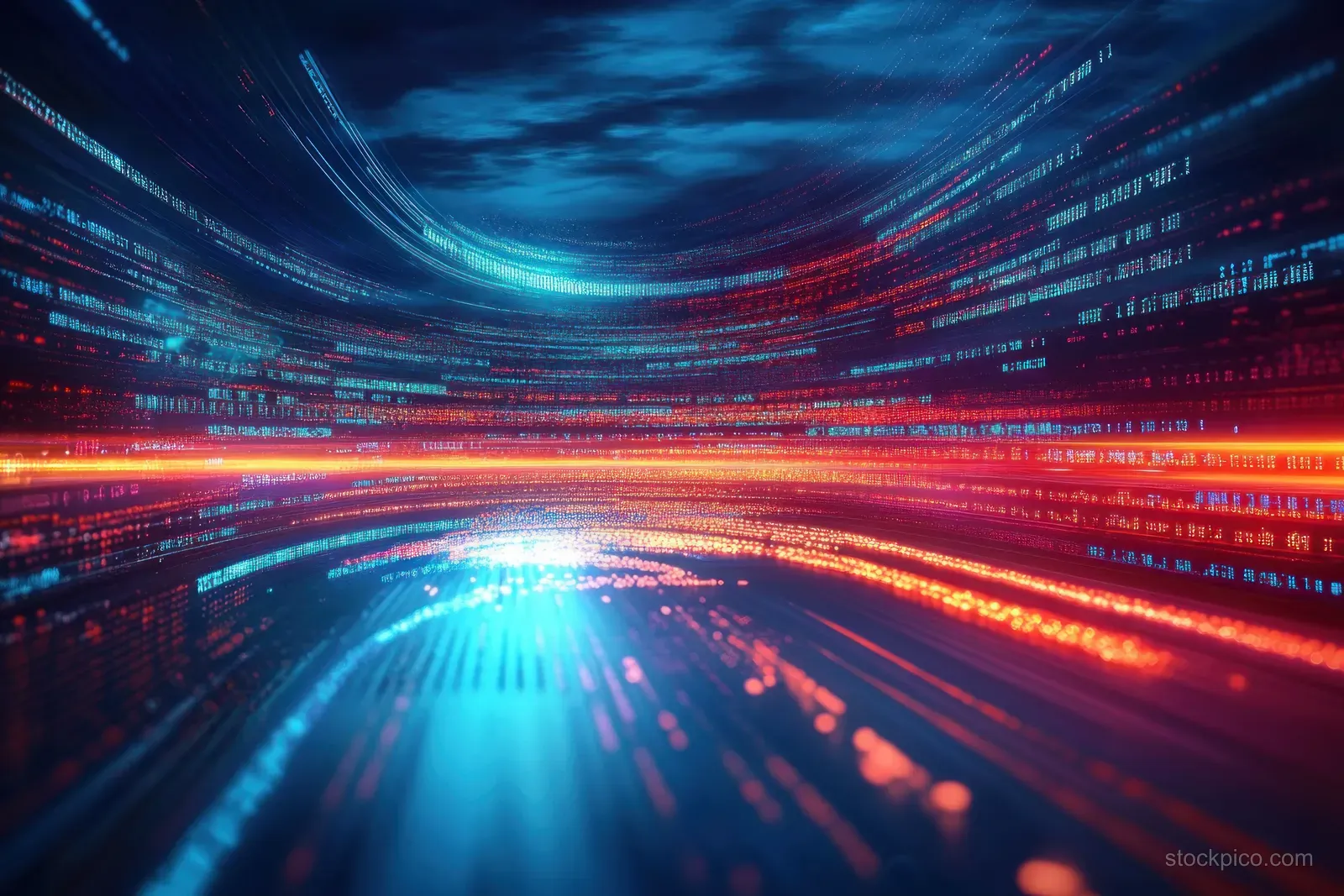 Glowing blue and orange code streams race through a curved neon digital tunnel toward a bright center.