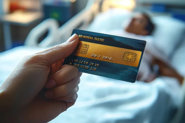 A hand holds a credit card in front of a blurred patient lying on a hospital bed.