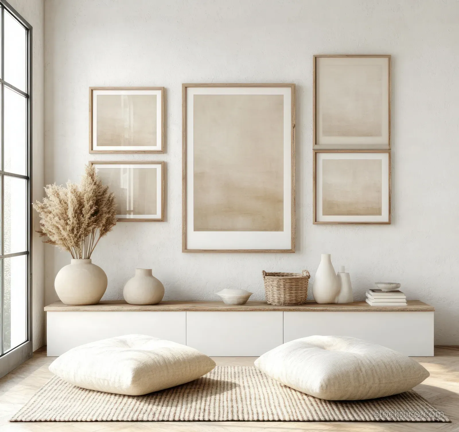 Wooden-framed poster prints hang on a white wall above a bench with neutral cushions in a Scandinavian living room.