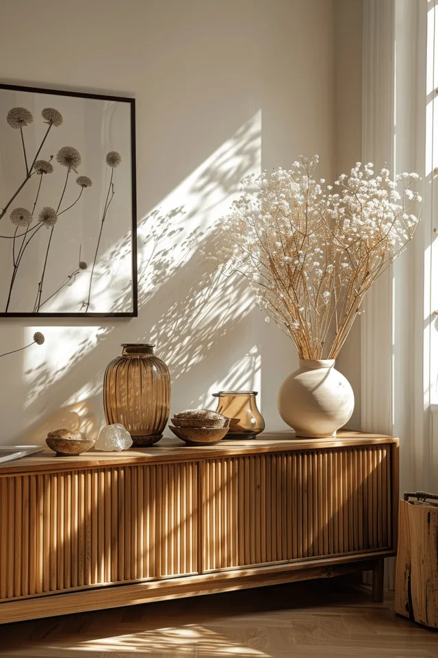 Sunlight streams through a large window onto a wooden sideboard with a framed poster and beige vases and bowls.