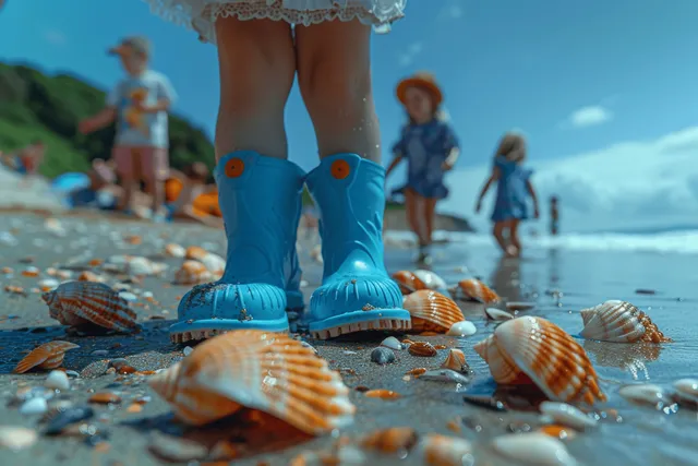 A young boy in blue boots walks across a sandy beach scattered with seashells while children play behind him.