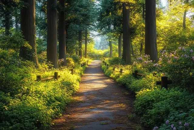 A narrow forest path disappears between tall trees as golden hour sunlight and long shadows illuminate green foliage.