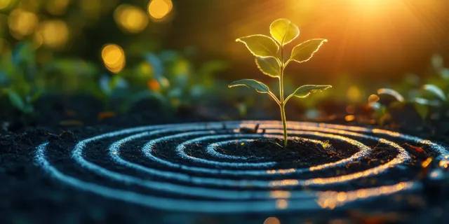Green seedling growing from a glowing dartboard center with sustainability investment theme