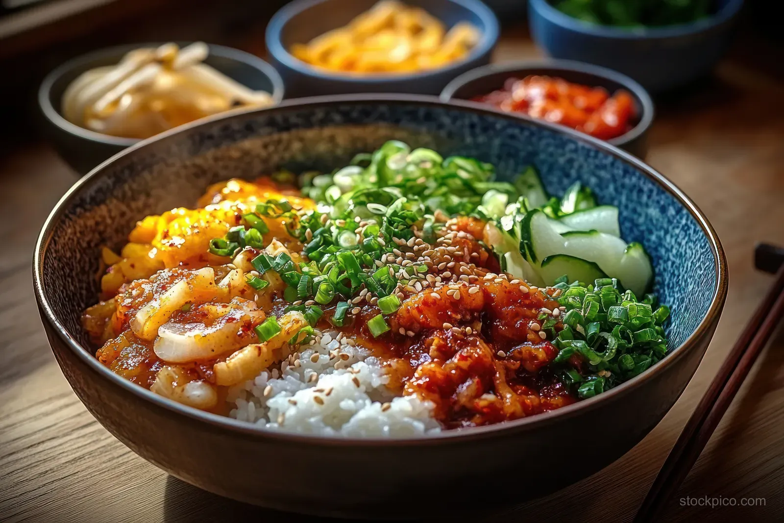 Close-up rice bowl with spicy shrimp, green onions, cucumber and corn beside small sauce bowls on a wooden table.