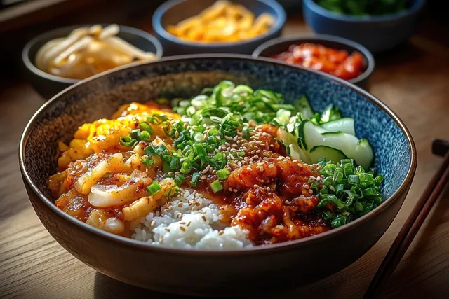 Close-up rice bowl with spicy shrimp, green onions, cucumber and corn beside small sauce bowls on a wooden table.